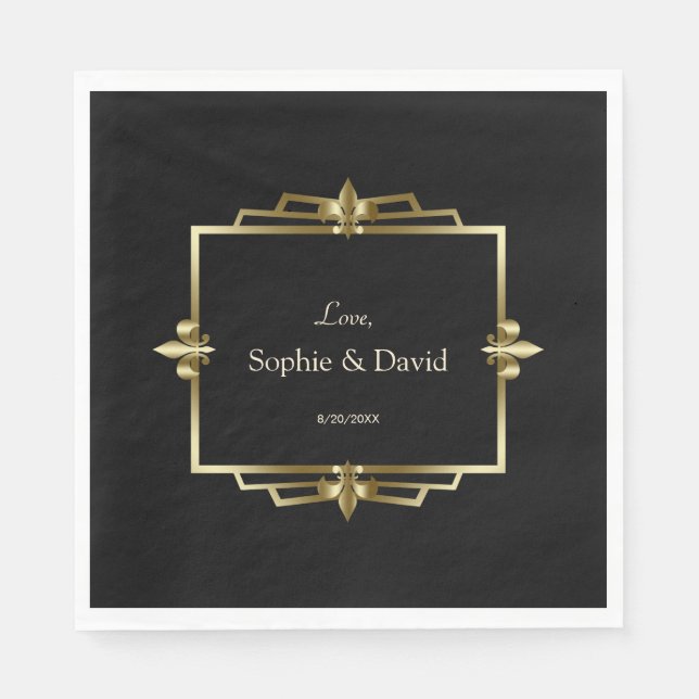 Glam Royal Gold Black Art Deco 20s Wedding Napkin (Front)
