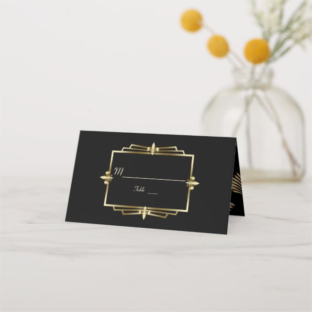 Glam Royal Gold Black Art Deco 20s Wedding Place Card (Front)