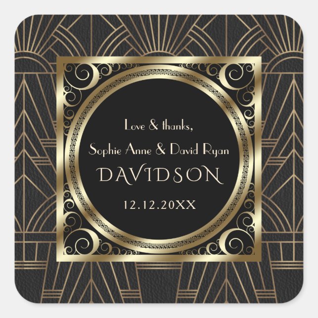 Glam Royal Gold Black Art Deco 20s Wedding Square Sticker (Front)