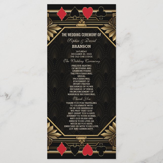 Glam Royal Gold Black Casino Poker Wedding  Programme (Front)
