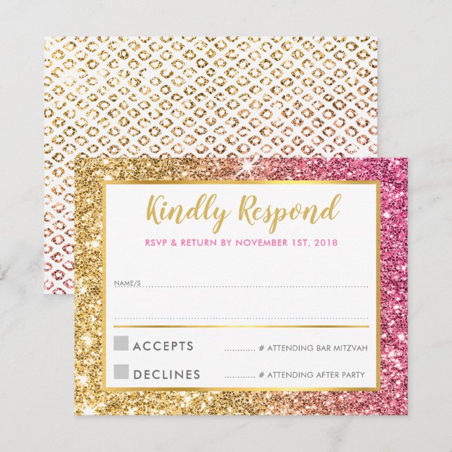GLAM RSVP RESPONSE cool luxe pink gold glitter Invitation (Front/Back)