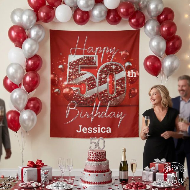 Glam Ruby Red and Silver Sparkle 50th Birthday Tapestry (Creator Uploaded)