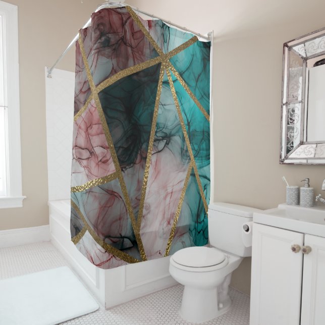 Glam Rust Blush Teal & Gold Chic Modern Glamour Shower Curtain (In Situ)