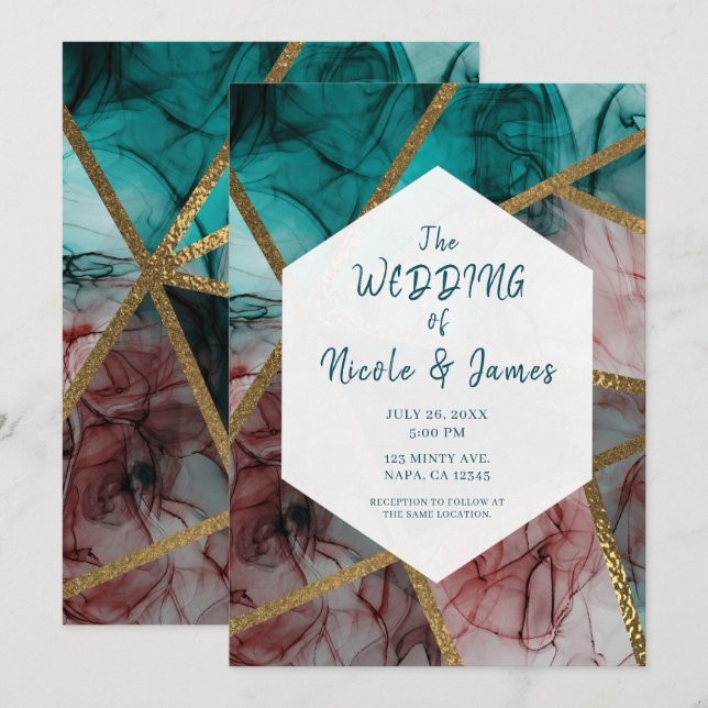 Glam Rust Blush Teal & Gold Chic Modern Wedding Invitation (Front/Back)