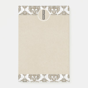 Glam Rustic Burlap Damask Kraft Monogram Initial Post-it Notes
