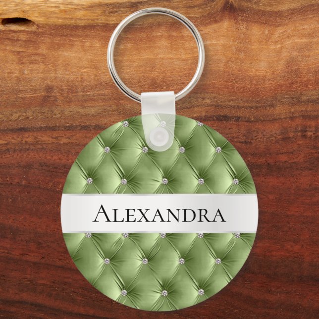 Glam Sage Green faux Velvet Luxury Name Key Ring (Front)