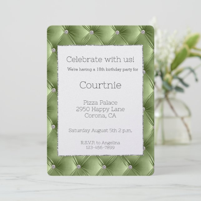 Glam Sage Green Silver Faux Velvet Birthday  Invitation (Standing Front)