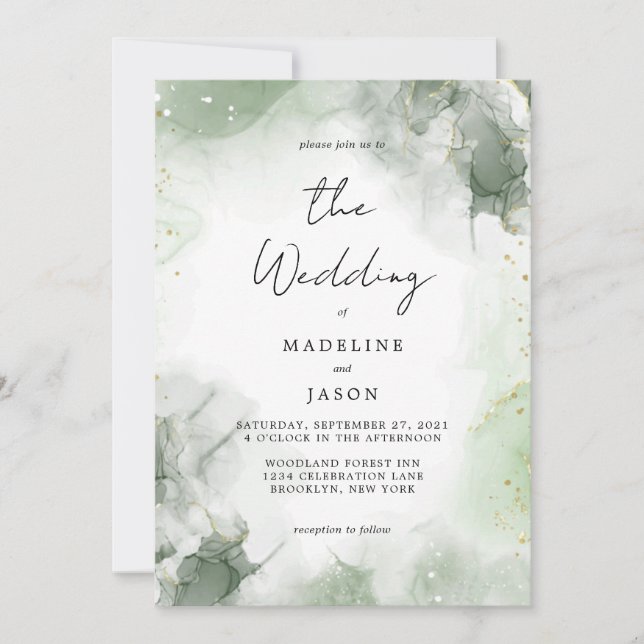 Glam Sage Green Watercolor Gold Fluid Ink Wedding Invitation (Front)