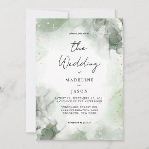 Glam Sage Green Watercolor Gold Fluid Ink Wedding Invitation