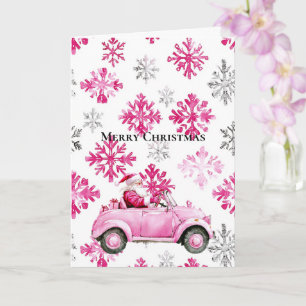 Glam Santa Pink Car Christmas Snowflakes Card