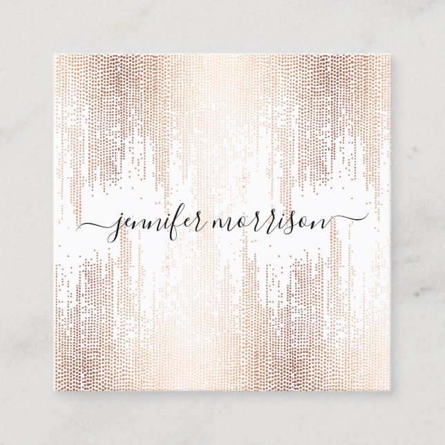 Glam Script Rose Gold Confetti Rain Square Business Card (Front)
