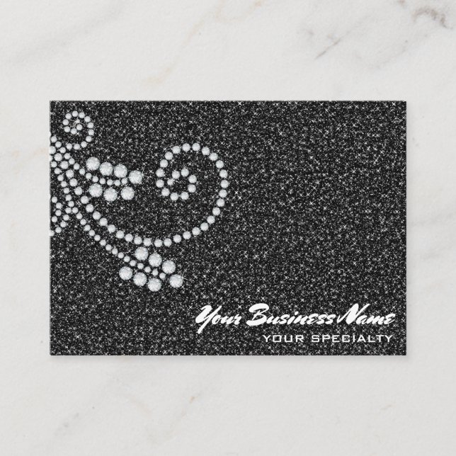 *~* Glam Scroll Diamonds Black Glitter Luxe Bling Business Card (Front)