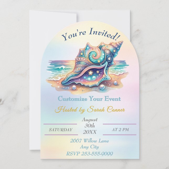 Glam Seashell Ocean Beach Coastal Design Invitation (Front)