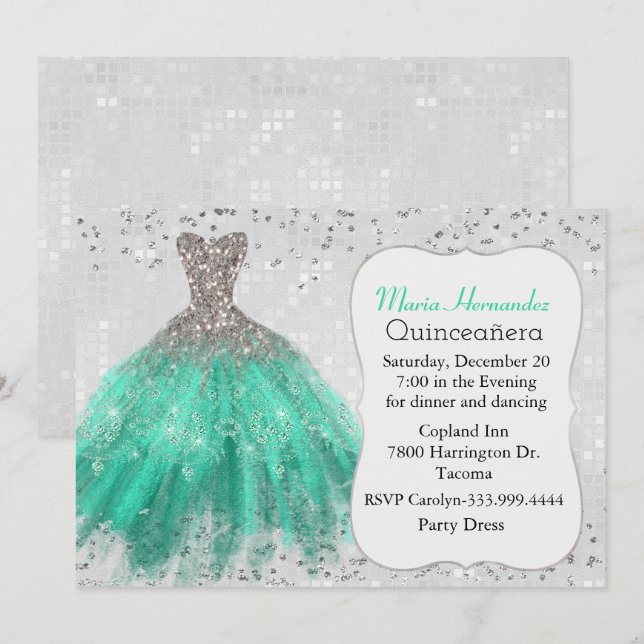 Glam Silver and Teal Gown Quinceañera Invitation (Front/Back)
