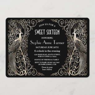 Glam Silver Art Deco Peacocks Sweet Sixteen Party Invitation