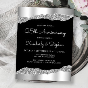 Glam Silver Black 25th Anniversary Invitation Postcard
