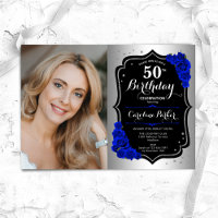 Glam Silver Black Royal Blue Photo 50th Birthday