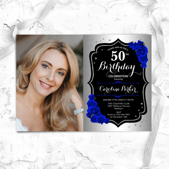 Glam Silver Black Royal Blue Photo 50th Birthday Invitation (Creator Uploaded)