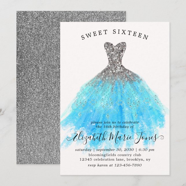 Glam Silver Blue Sparkle Dress Sweet 16th Birthday Invitation (Front/Back)