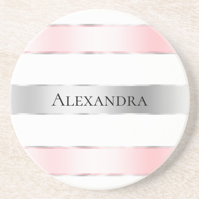 Glam Silver Blush Pink Ribbon Birthday Coaster (Front)