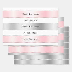Glam Silver Blush Pink Ribbon Birthday Wrapping Paper Sheet