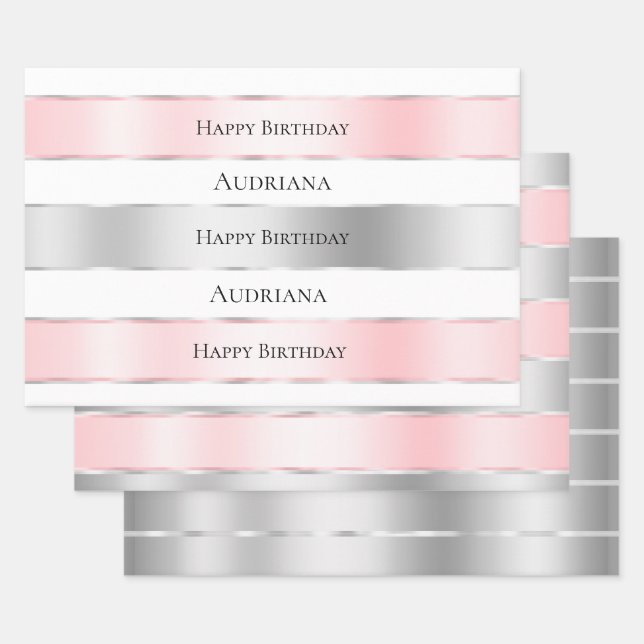 Glam Silver Blush Pink Ribbon Birthday Wrapping Paper Sheet (Set)