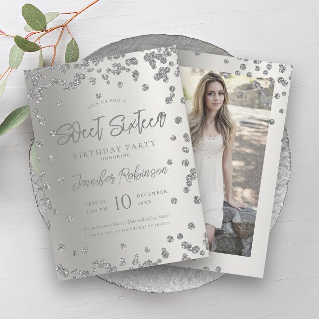 Glam Silver Chic Glitter Photo Sweet 16   Invitation (Glam Silver Chic Glitter Photo Sweet 16 Invitation)