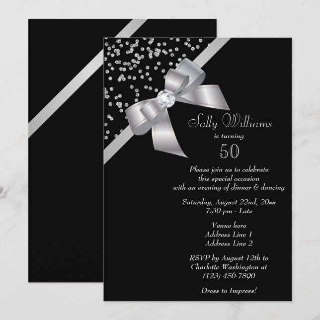 Glam Silver Confetti & Jewel Bow 50th Birthday Invitation (Front/Back)