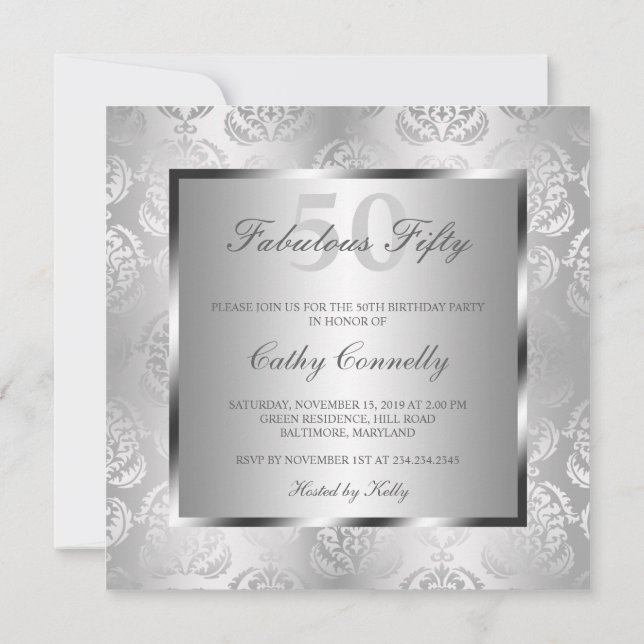 Glam Silver Damask Elegant Fabulous Fifty Invitation (Back)
