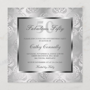 Glam Silver Damask Elegant Fabulous Fifty Invitation
