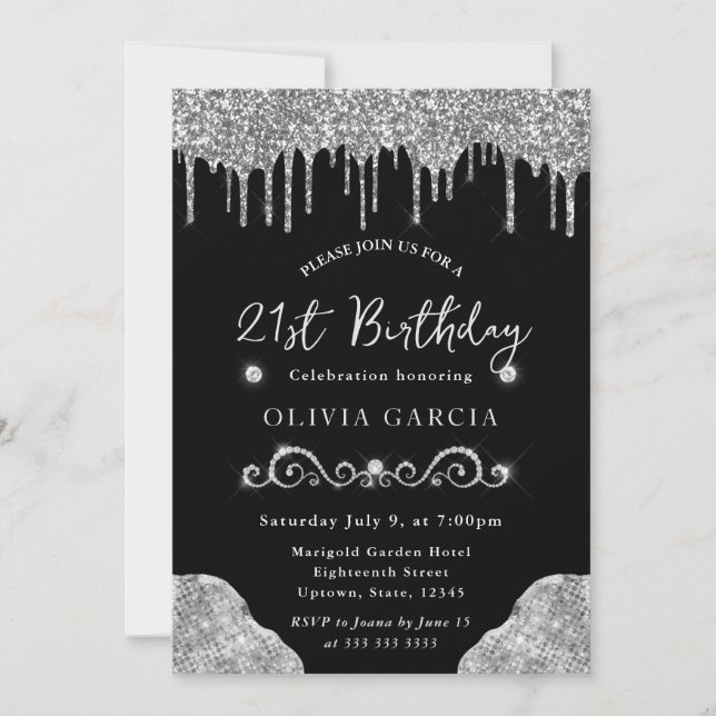 Glam Silver Dripping Glitter 21st Birthday Invitation (Front)
