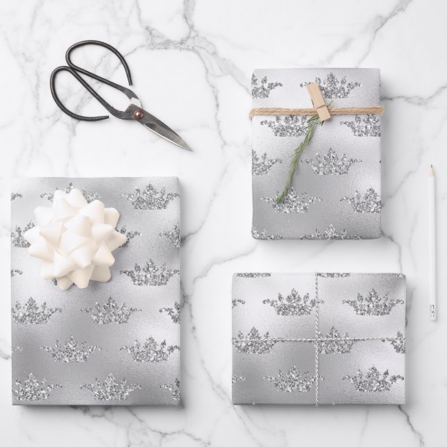 Glam Silver Faux Foil Crown Pattern Wrapping Paper Sheet (Front)