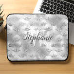 Glam Silver Foil Glitter Crown Pattern Monogram Laptop Sleeve<br><div class="desc">Add a touch of glamour to your laptop with this chic sleeve,  featuring a faux glitter crown pattern on a faux silver foil background. Personalise it with your initial in white serif font and your name in modern charcoal grey calligraphy script.</div>