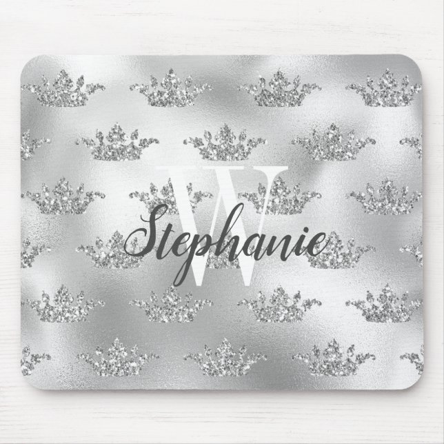 Glam Silver Foil Glitter Crown Pattern Monogram Mouse Mat (Front)