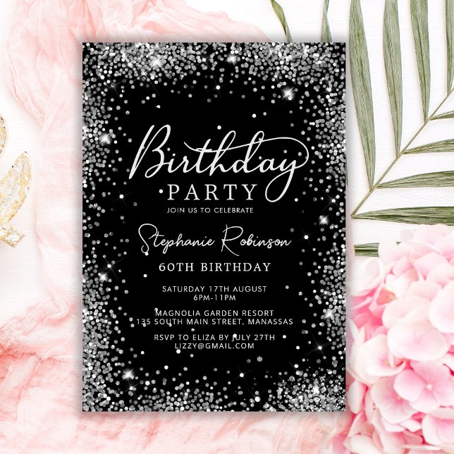 Glam Silver Glitter and Black 60th Birthday  Invitation (Creator Uploaded)
