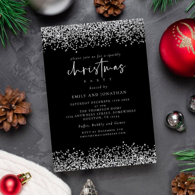 Glam Silver Glitter Christmas Party Black Invitation (Available digitally and printed)