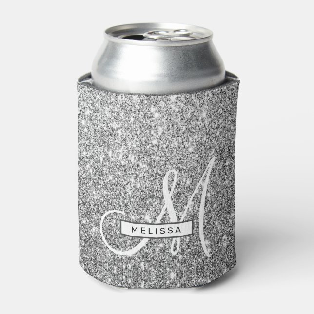 Glam Silver Glitter Custom Monogrammed and Named Can Cooler (Can Front)