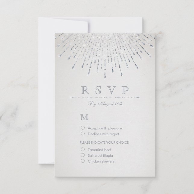 Glam silver glitter deco vintage wedding RSVP (Front)