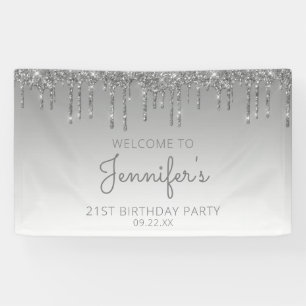 Glam Silver Glitter Drip 21st Birthday Party Banner