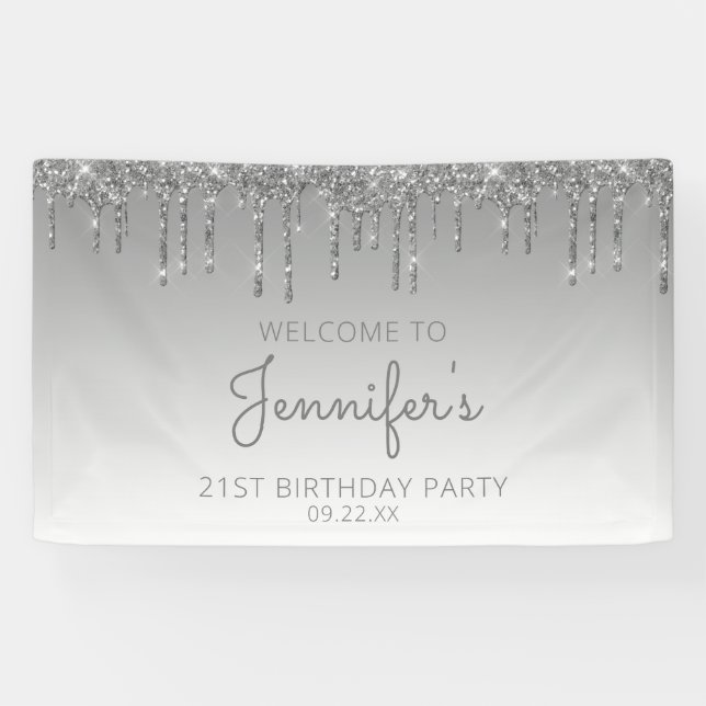 Glam Silver Glitter Drip 21st Birthday Party Banner (Horizontal)