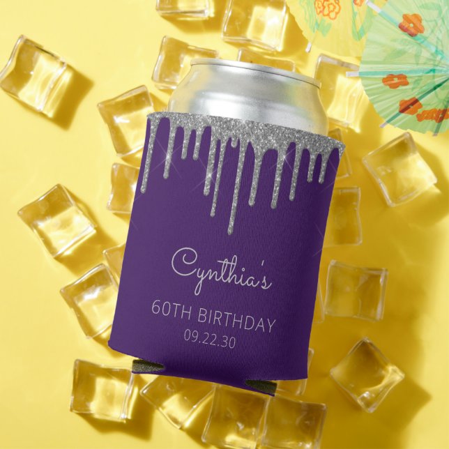 Glam Silver Glitter Drip Purple 60th Birthday Can Cooler (In Situ Summer)
