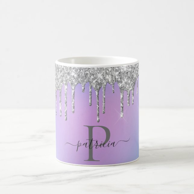 Glam Silver Glitter Drips Elegant Monogram   Coffee Mug (Center)