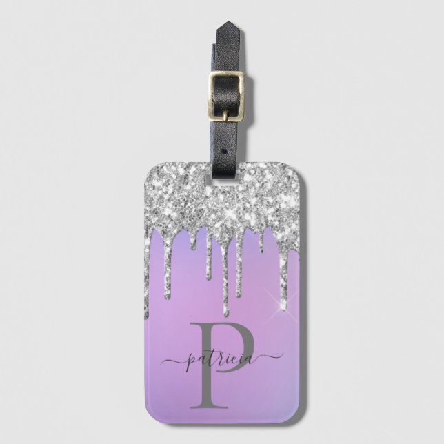 Glam Silver Glitter Drips Elegant Monogram Luggage Tag (Front Vertical)