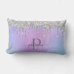 Glam Silver Glitter Drips Elegant Monogram   Lumbar Cushion