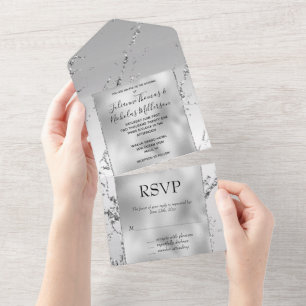 Glam Silver Glitter Glitzy Marble All In One Invitation