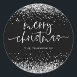 Glam Silver Glitter Merry Christmas Black Classic Round Sticker<br><div class="desc">Glam Silver Glitter Merry Christmas Black. Glitzy style with silver faux glitter on black and a set elegant script for Merry Christmas. Easily personalise your name.</div>