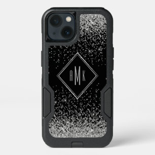 Glam Silver Glitter Monogram on Black Background