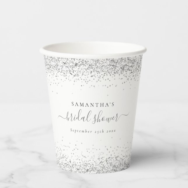 Glam Silver Glitter Name Date Bridal Shower Paper Cups (Front)