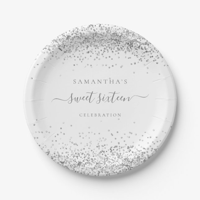 Glam Silver Glitter Name Date Sweet Sixteen Party Paper Plate (Front)