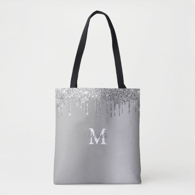 Glam Silver Glitter Personalised Monogram Tote Bag (Front)